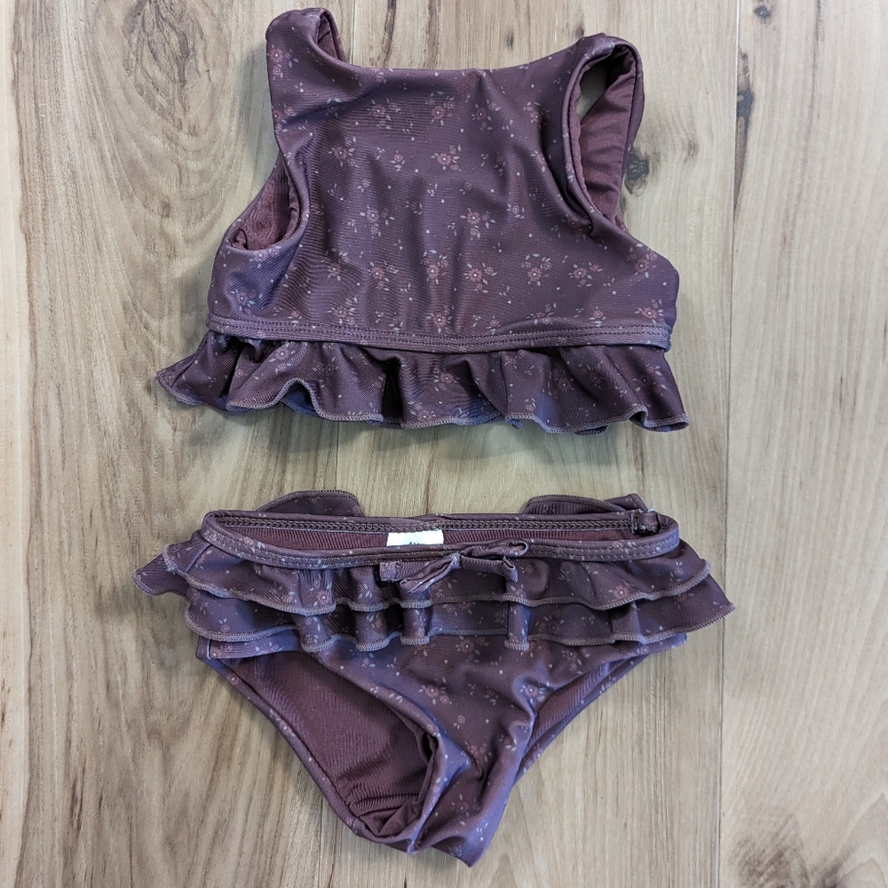 Jamie Kay Size 1 Year Charlotte Brown Floral Ruffle Two Piece Bikini Swimsuit